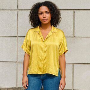 Weili Zheng Yellow Satin Short Sleeve Shirt Blouse Top Size S